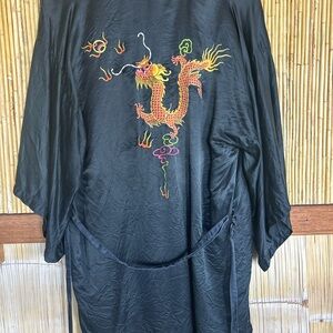 Elegant Vintage Black Silk Hand-Embroidered Dragon Robe Natural Fiber Y2K